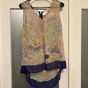 Daniel Rainn Cream and Blue Asymmetrical Sleeveless Blouse